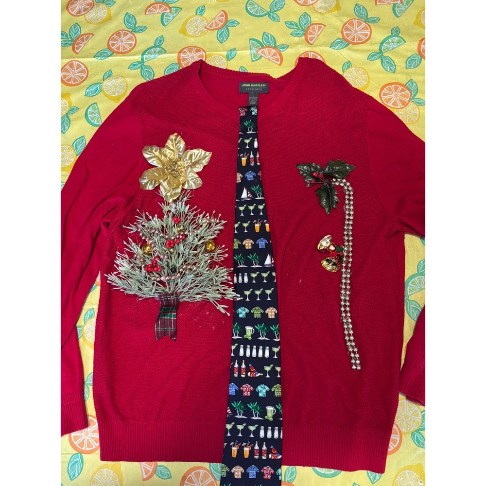 Ugly Christmas Mens‎ John Bartlett Sweater L Red Margaritaville Tie 3D Festive